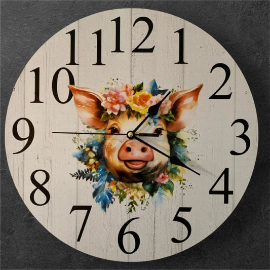 Clock Wall Pig Pink Floral 30cm or 60cm Aussie Made
