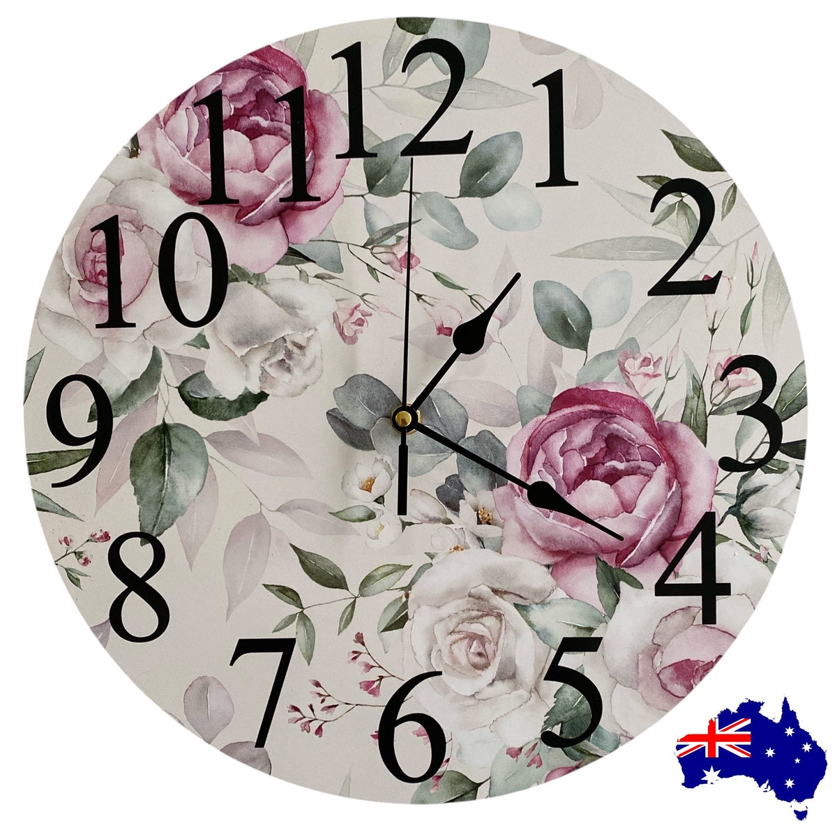 Pink White Rose Floral Wall Clock | Aussie Made 30cm & 60cm Silent Clock