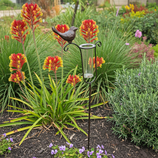 Rain Gauge Bird Stake Cast Iron - Glass Catcher Garden