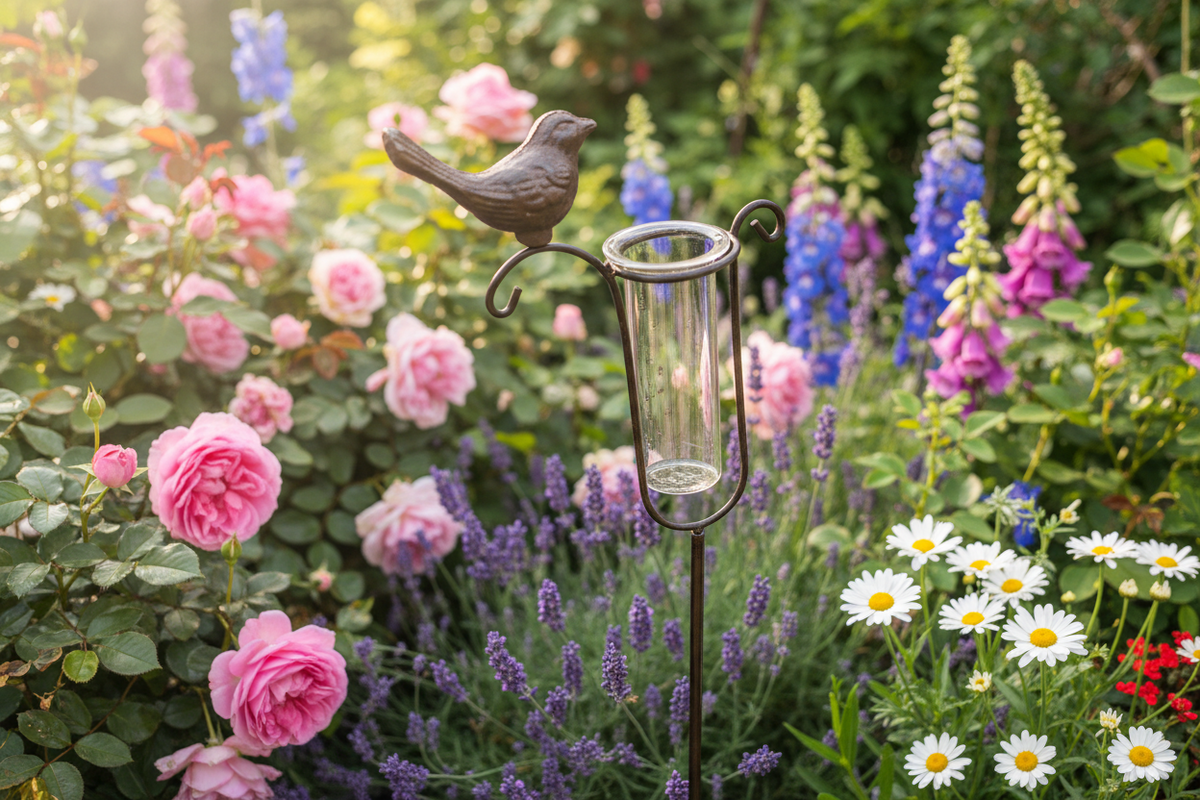Rain Gauge Bird Stake Cast Iron - Glass Catcher Garden