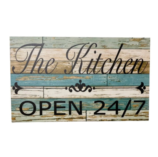 The Kitchen Open 24/7 Vintage Rustic Blue Sign - The Renmy Store Homewares & Gifts