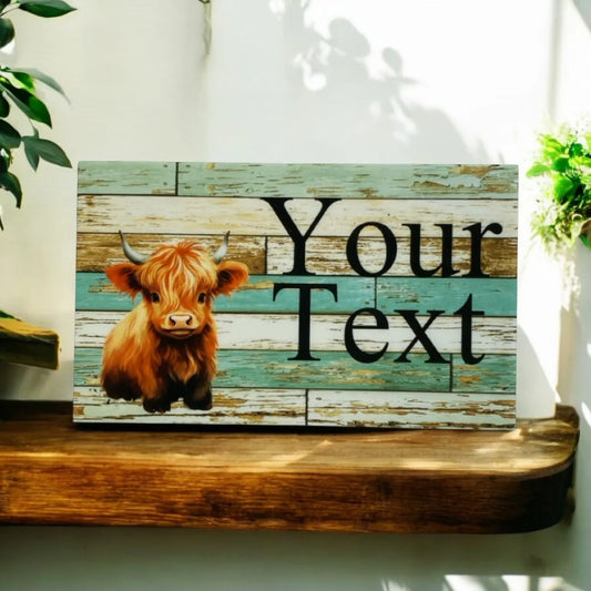 Cow Highland Calf Rustic Blue Custom Personalised Sign - The Renmy Store Homewares & Gifts