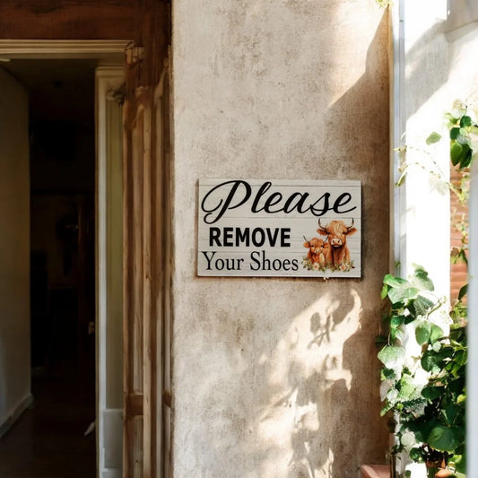 Remove Your Shoes Highland Cow Farmhouse Sign - The Renmy Store Homewares & Gifts