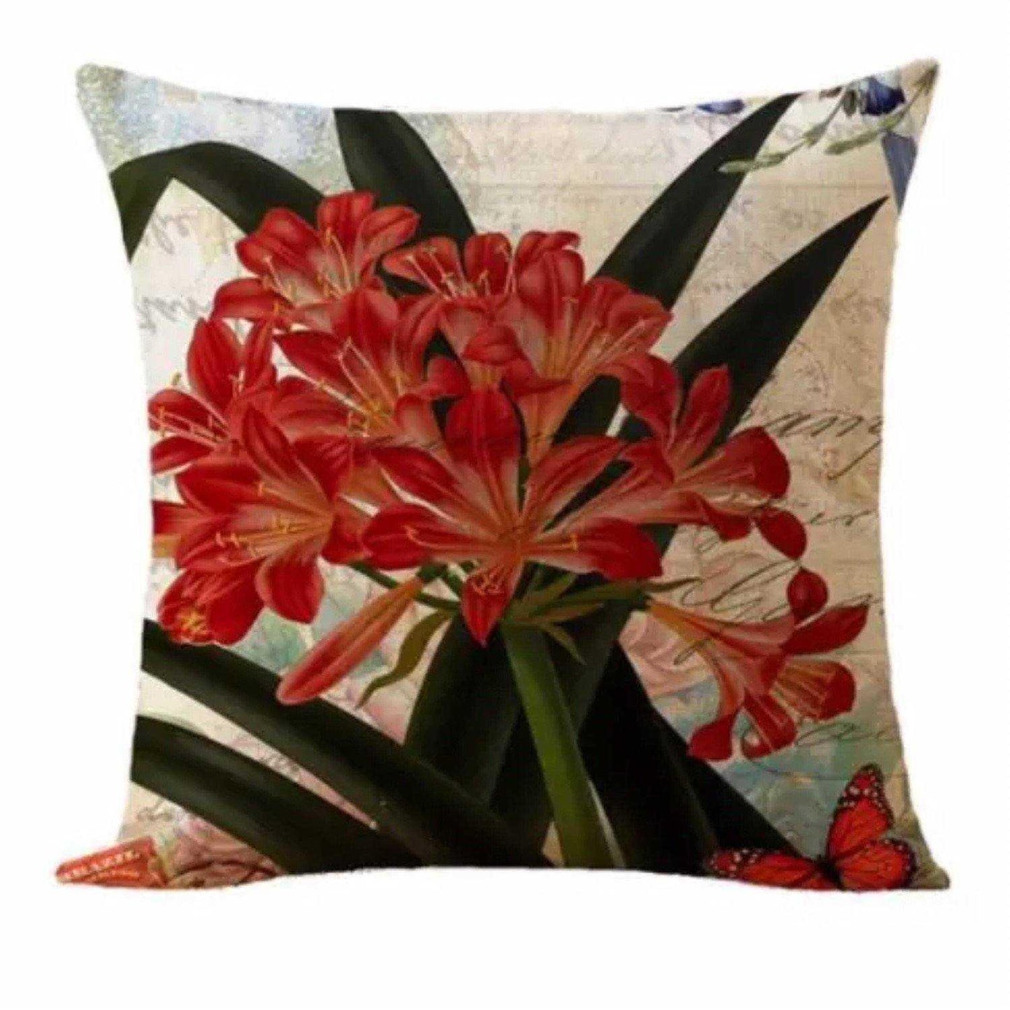 Cushion Pillow Red Tropical Flowers with Orange Bird - The Renmy Store Homewares & Gifts