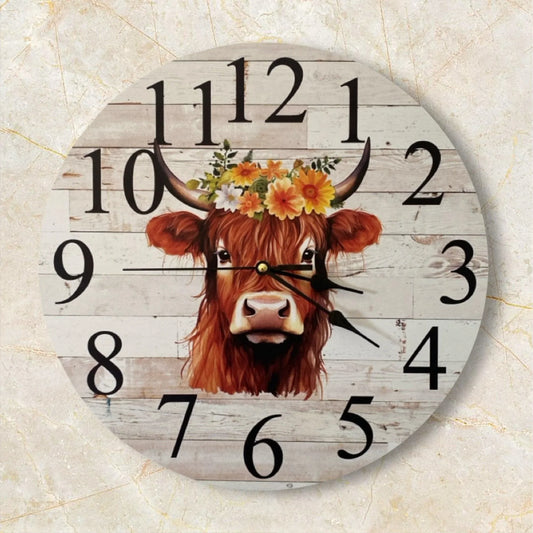 Clock Wall Cow Highland Floral Orange 30cm or 60cm Aussie Made - The Renmy Store Homewares & Gifts