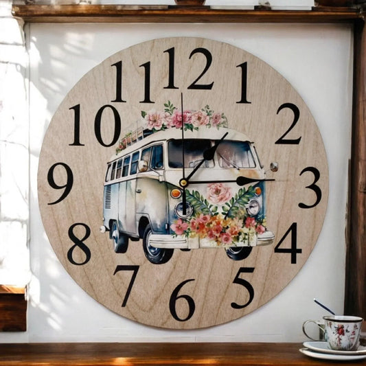 Clock Wall Floral Kombi Van 30cm 60cm Aussie Made - The Renmy Store Homewares & Gifts