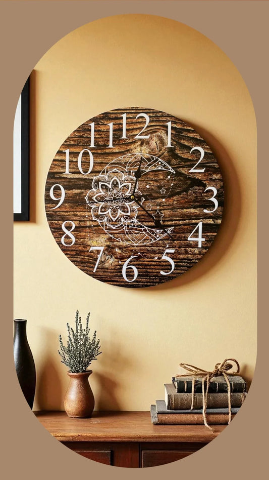Clock Wall Moon Mandala Dark Timber 30cm or 60cm Aussie Made