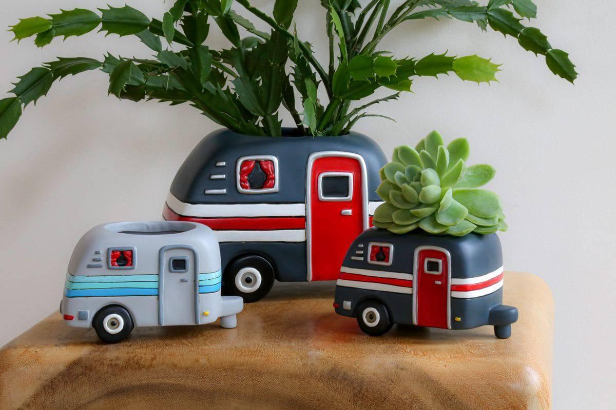 Caravan Happy Camper Grey Pot Plant Planter Small - The Renmy Store Homewares & Gifts