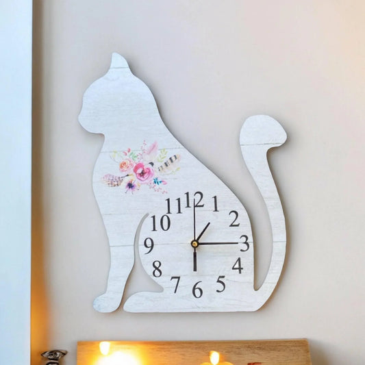 Clock Wall Cat Kitty Floral Feather Aussie Made - The Renmy Store Homewares & Gifts