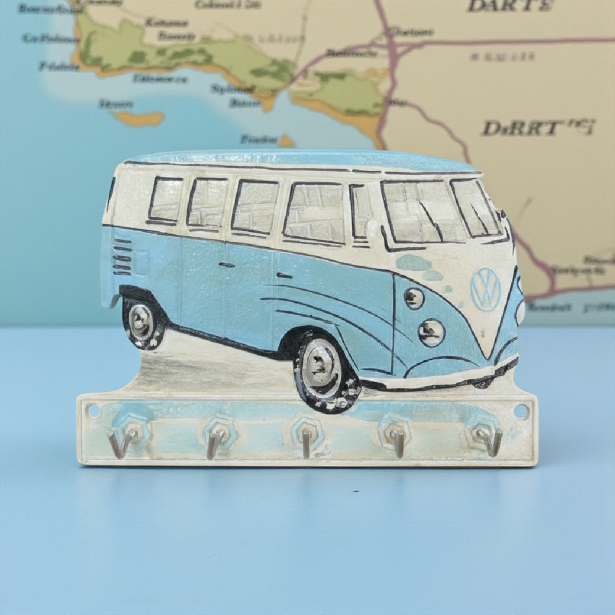 VW Kombi Van Blue Cast Iron Key Hook Rack 22cm | Retro Coastal Decor