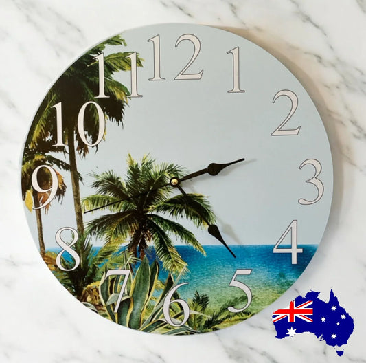 Clock Wall Tropical Palm Beach Coastal 30cm 60cm Aussie Made - The Renmy Store Homewares & Gifts