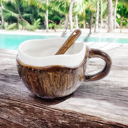 Cup Mug Spoon Coconut Coconut Shell Ceramic Tropical - The Renmy Store Homewares & Gifts