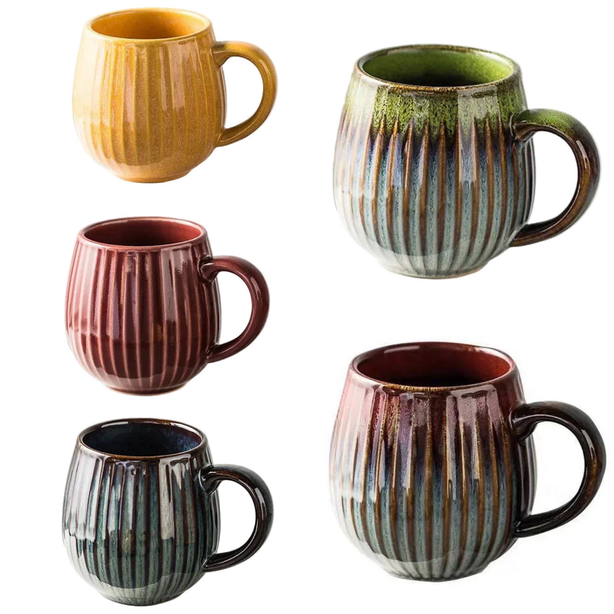 Coffee Mug Colourful Kiln Glaze Ribbed Ceramic 480ml - 8.5x10.5cm
