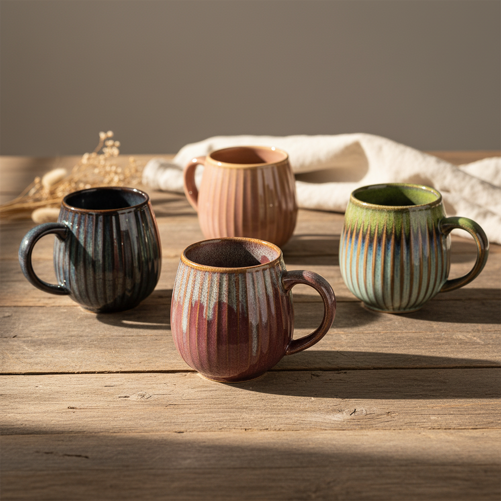 Coffee Mug Colourful Kiln Glaze Ribbed Ceramic 480ml - 8.5x10.5cm