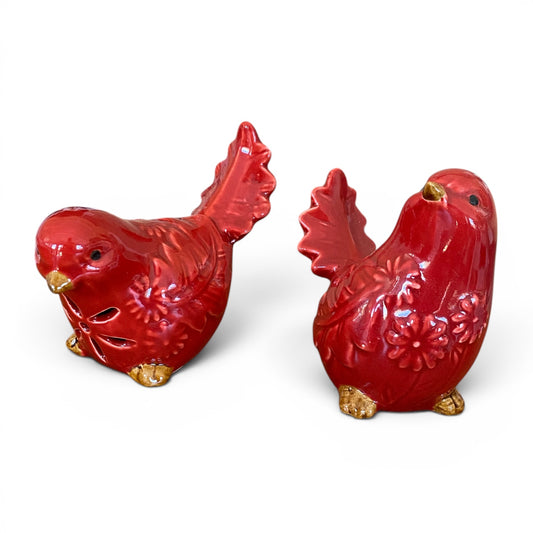 Red Bird Ornament Set of 2 | Ceramic Garden Farmhouse Decor