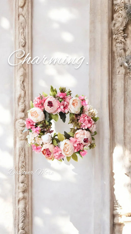 Peony Hydrangea Pink Flower 40cm Wreath Floral Country Cottage