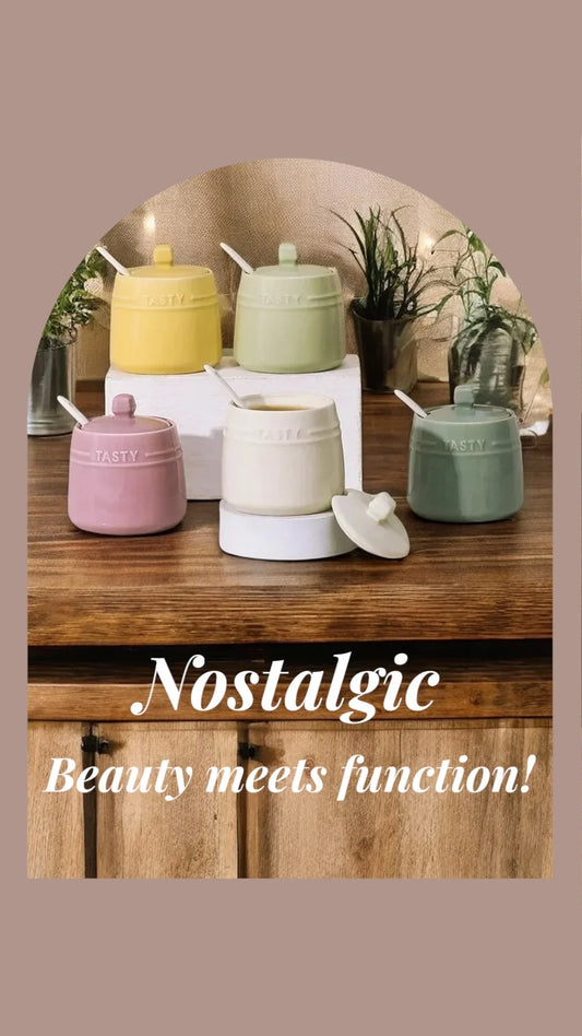 Ceramic Jar Storage Kitchen Salt Sugar with Lid Spoon