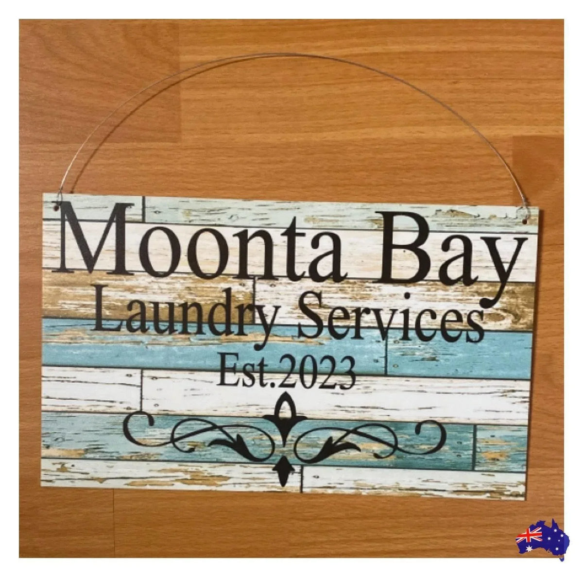 Custom Personalised Blue Timber Look Sign - The Renmy Store Homewares & Gifts