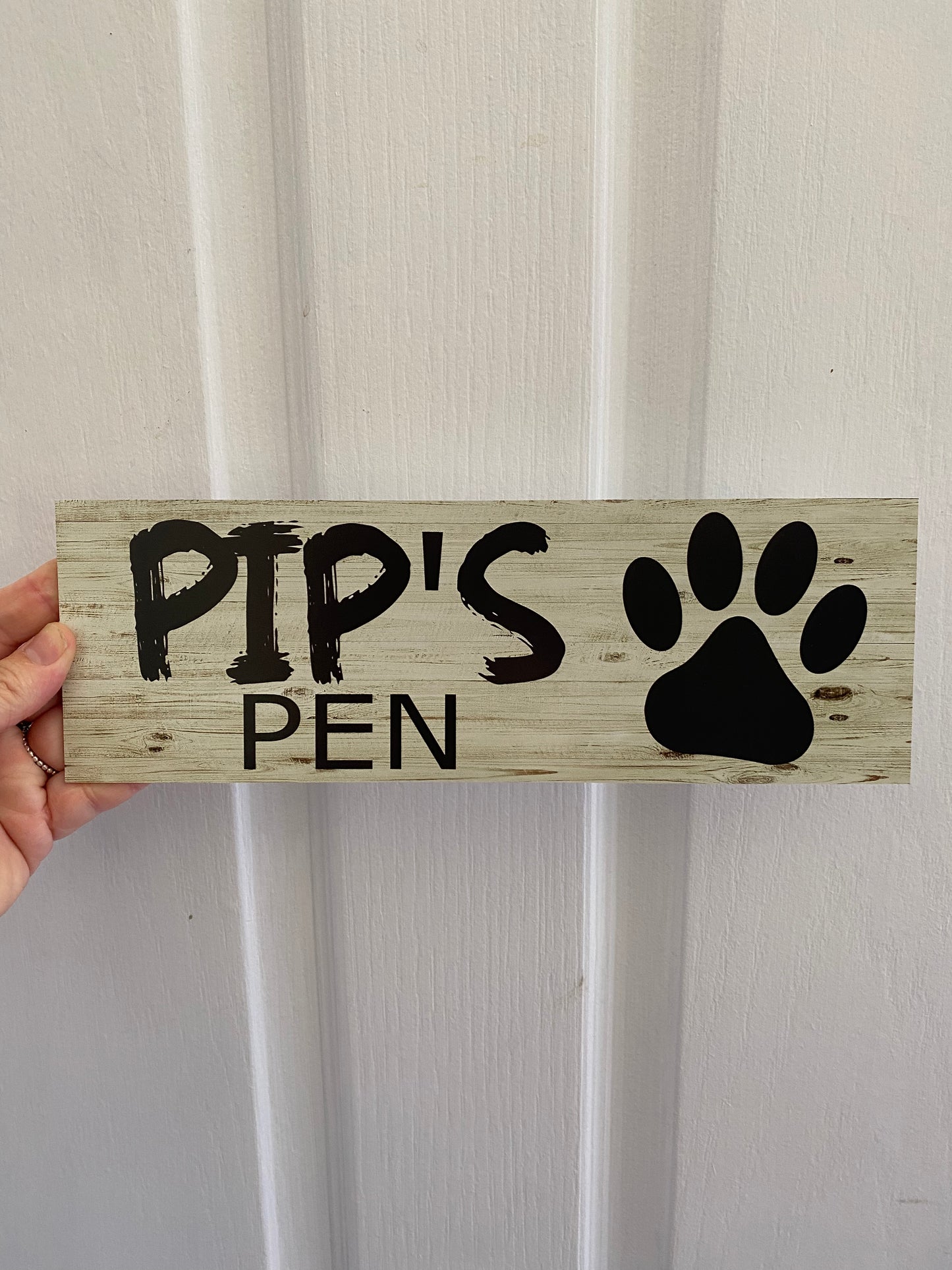 Custom Dog Kennel Sign | Personalised Pet Name Signage | Paw Print | Timber Look Acrylic | Aussie Made