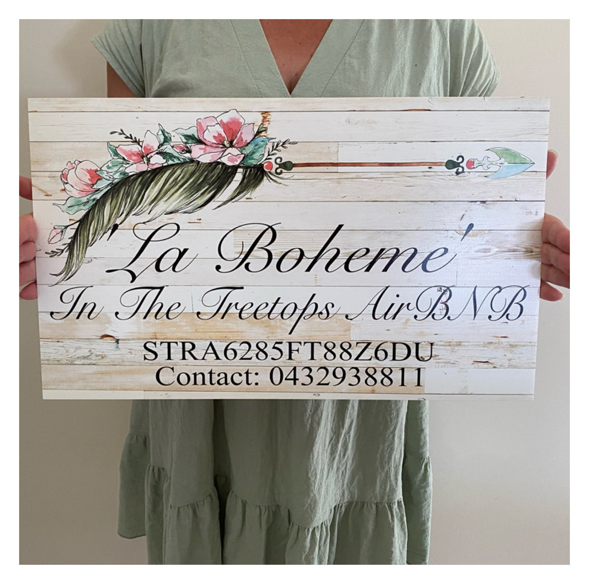 Boho Feather Flower Arrow Custom Acrylic Sign | Personalised Whitewash Timber Look Sign | Australian Made