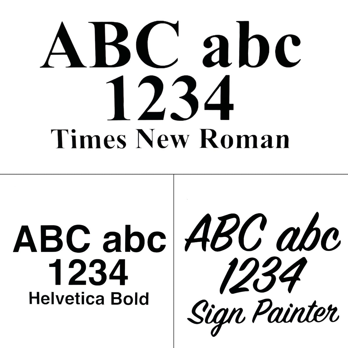 A typography comparison chart on a white background showing four font styles: Times New Roman, Helvetica Bold, and Sign Painter. The top row displays 'ABC abc 1234' in Times New Roman, and the bottom row shows the same text in Helvetica Bold and Sign Painter.
