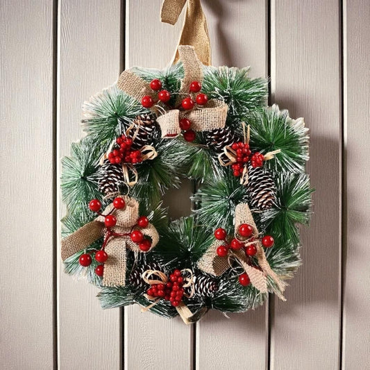 Frosted Pine Christmas Wreath with Berries & Burlap | 30 cm