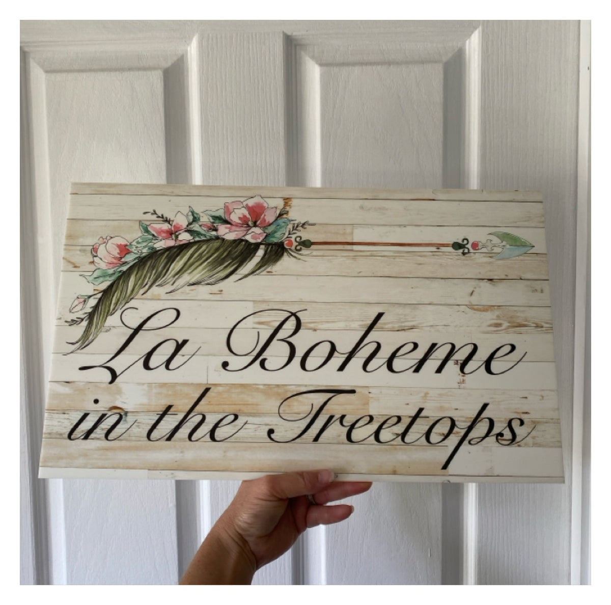 Boho Feather Flower Arrow Custom Acrylic Sign | Personalised Whitewash Timber Look Sign | Australian Made