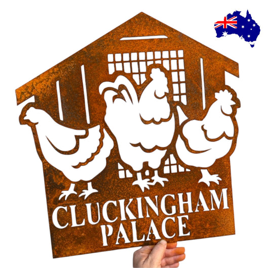 Custom Cluckingham Palace Chicken Coop Sign - Personalised Rusty Metal Steel Sign - Australian Made