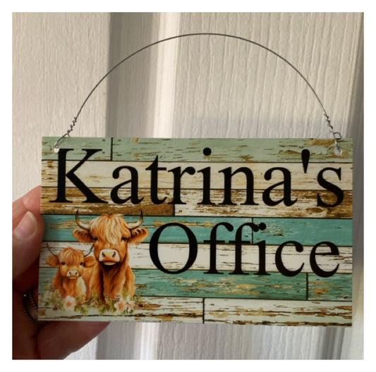 Cow Highland Floral Blue Custom Personalised Sign