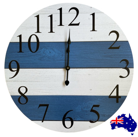 Clock Wall Navy White Blue Wood Rustic 30cm 60cm Aussie Made
