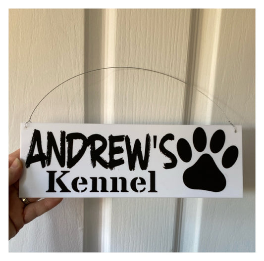 Dog Kennel Sign Custom Personalised - Classic Black White Paw