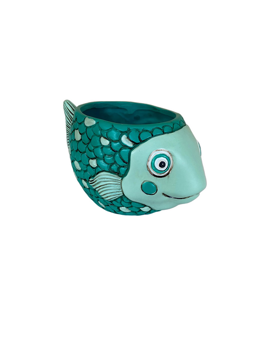 Fish Blue Teal Funky Pot Planter Resin Hand Painted - Coastal 15x7.5cm