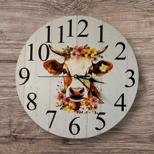 Clock Wall Cow Pink Yellow Floral 30cm or 60cm Aussie Made
