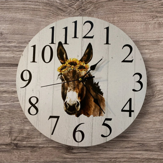 Clock Wall Donkey Sunflower 30cm or 60cm Aussie Made