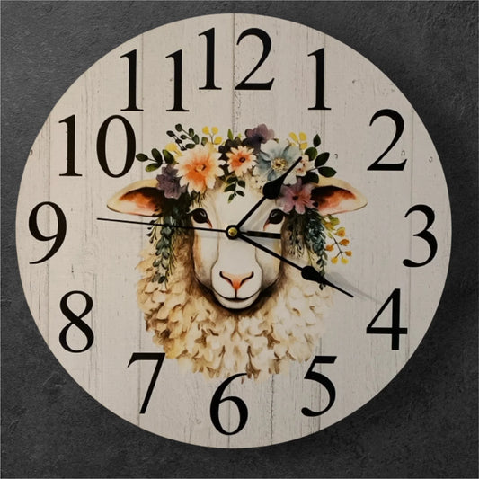 Clock Wall Sheep Ewe Floral 30cm or 60cm Aussie Made