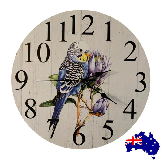 Clock Wall Budgie Bird Blue Purple 30cm or 60cm Aussie Made