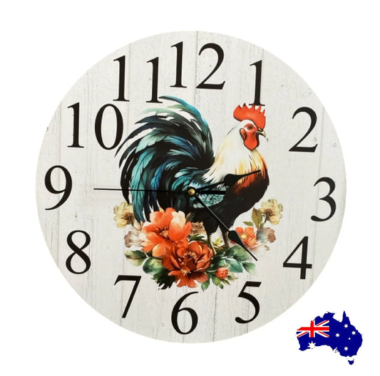 Clock Wall Rooster Blue Floral 30cm or 60cm Aussie Made