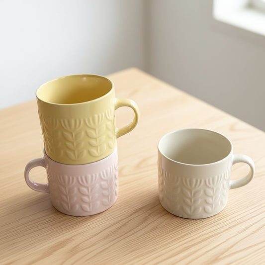 Embossed Floral Ceramic Mug Cup 400ml | Pink Beige or Mustard Yellow Coffee Cup