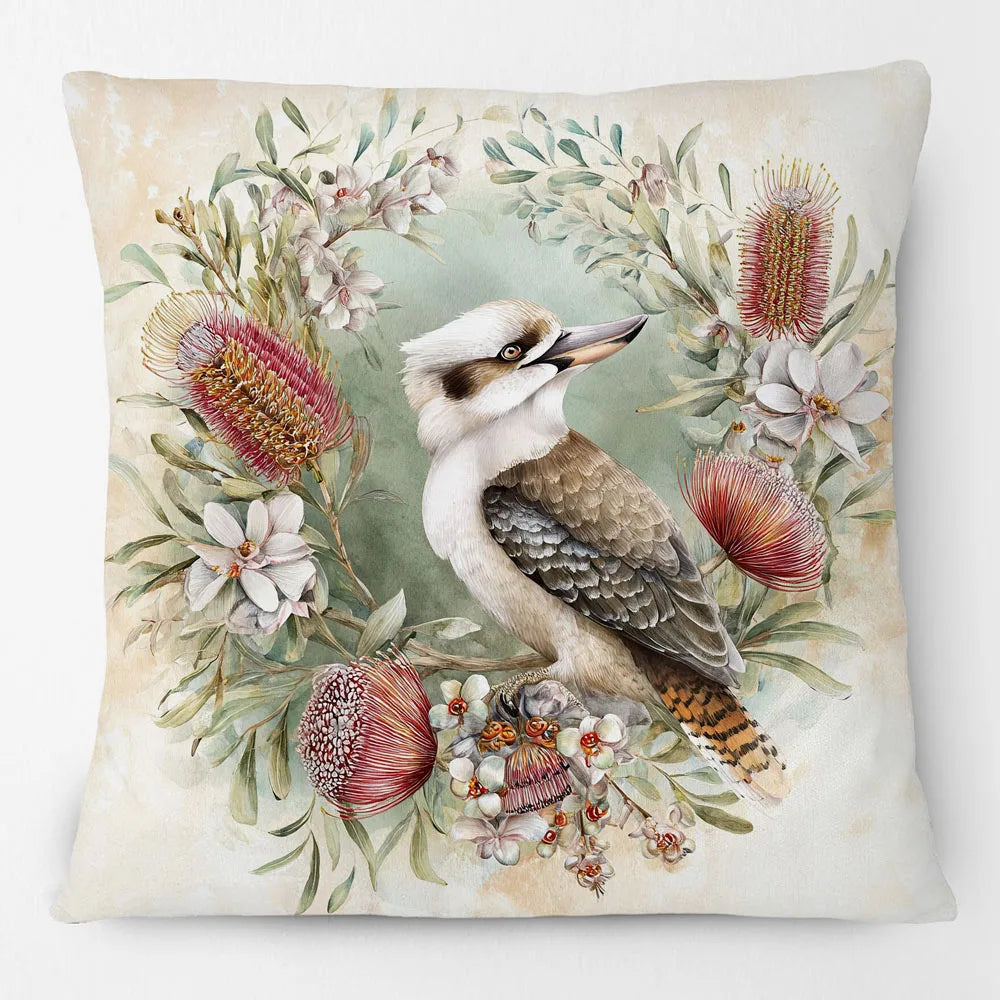 Kookaburra Cushion Cover | Watercolour Native Flowers | 45 x 45cm