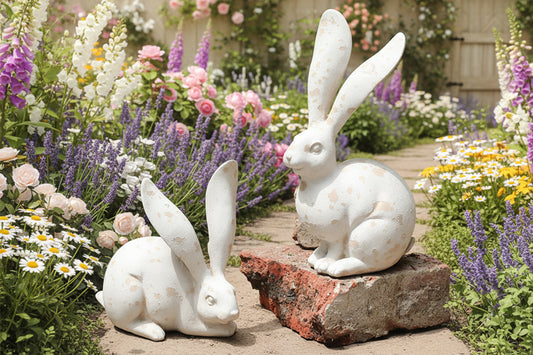 Resin Bunny Rabbit Statues Set - Garden Animal Figurines