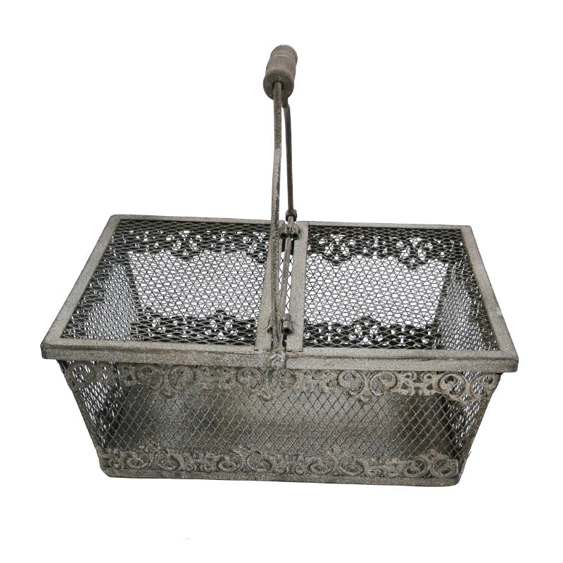 Vintage Metal Wire Storage Basket with Wooden Handle & Lid