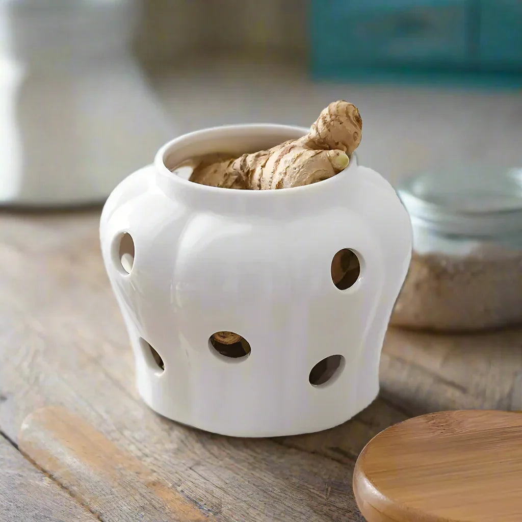Garlic Ginger Storage Jar Classic White Wood