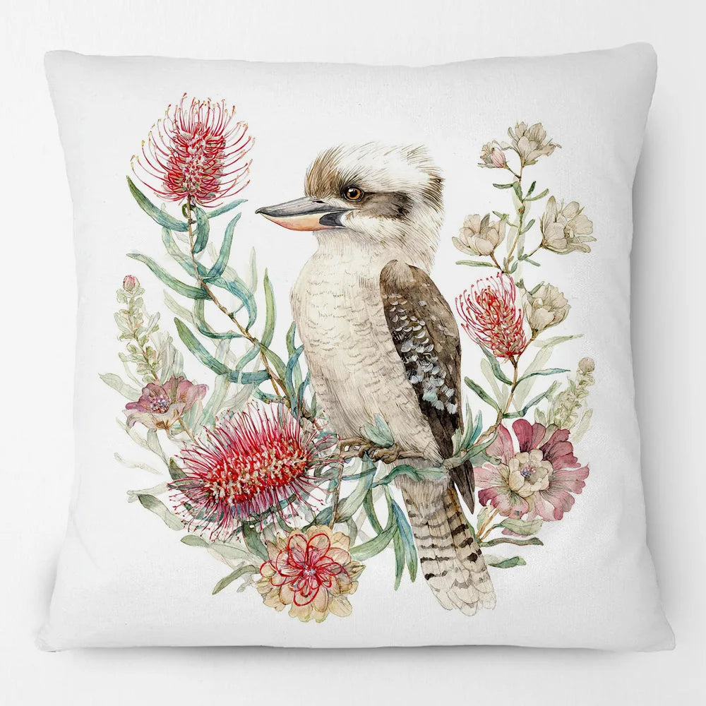 Kookaburra Cushion Cover | Watercolour Native Flowers | 45 x 45cm
