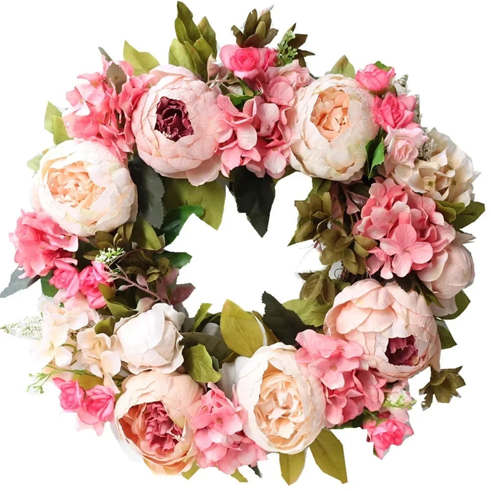 Peony Hydrangea Pink Flower 40cm Wreath Floral Country Cottage