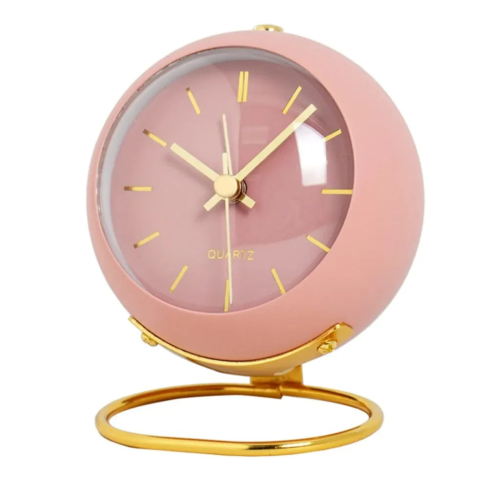 Pink Silent Globe Alarm Clock | Minimalist Gold Bedside Desk Clock | Scandi Nordic Decor