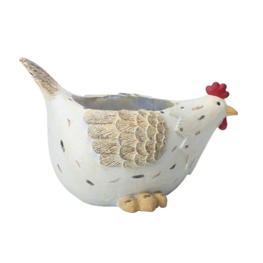 Chicken Hen Statue Planter Pot | Rustic Farmhouse Flower Pot | Bonsai Succulent Container | 23cm x 15cm