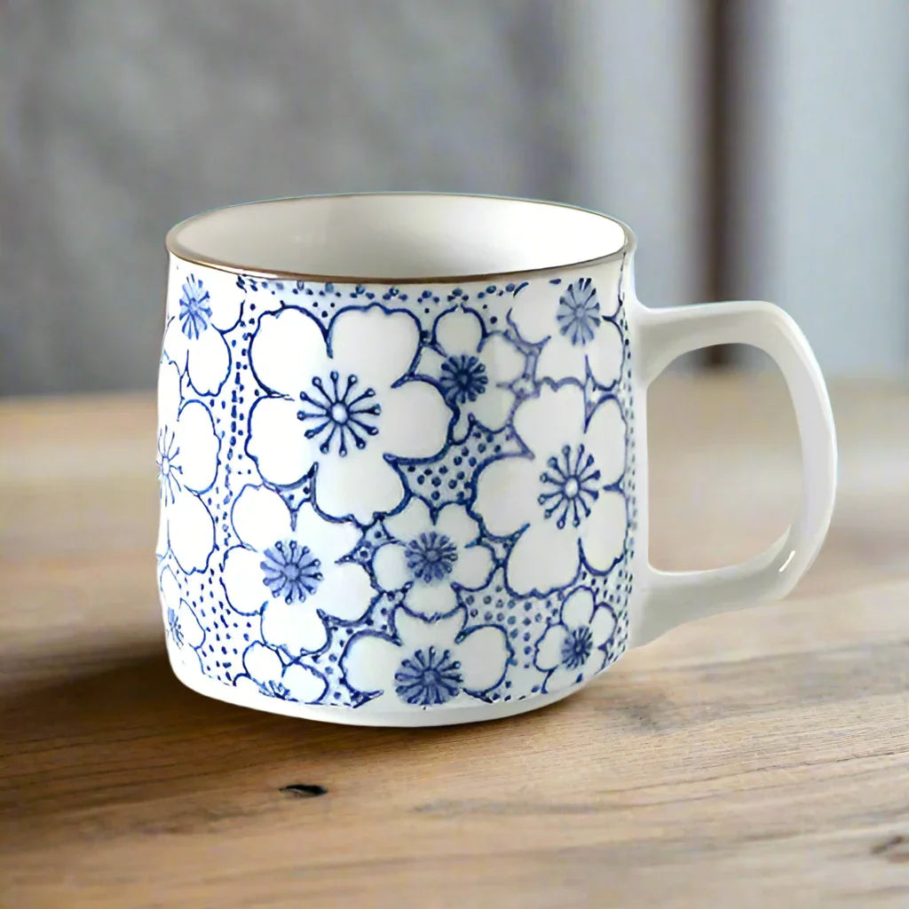 Mug Cup Tea Coffee Hand-painted Blue White Floral - The Renmy Store Homewares & Gifts