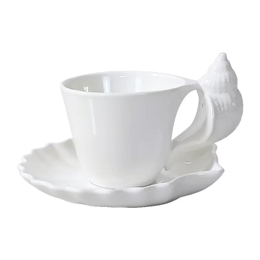 Conch Shell Ceramic Coffee Cup & Saucer | White or Pink Coastal Mug