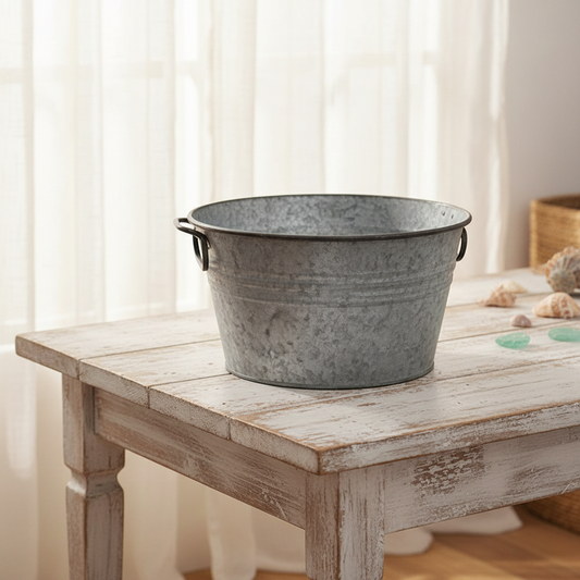 Vintage Round Metal Planter Pot & Storage Tub | Iron Basket with Handles
