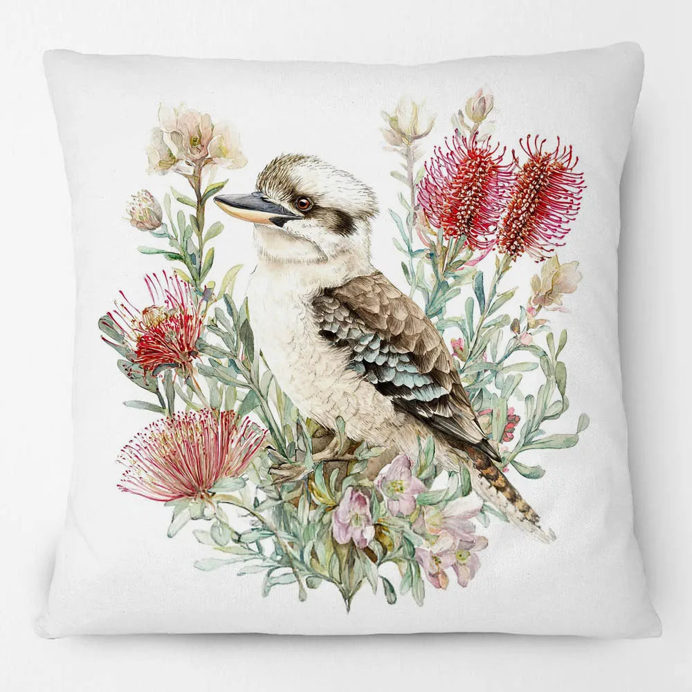 Kookaburra Cushion Cover | Watercolour Native Flowers | 45 x 45cm
